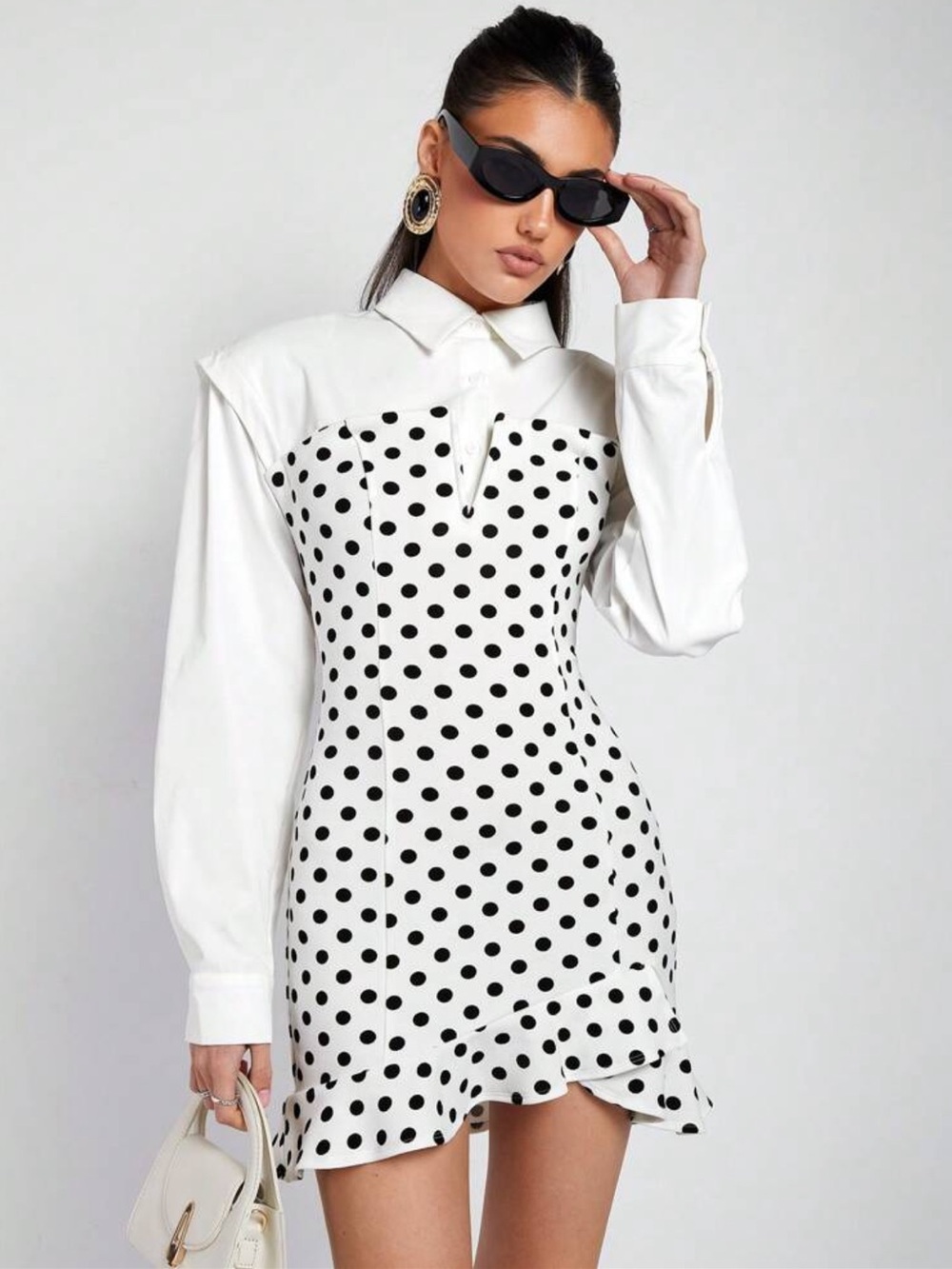 Polka Dot White Mini Shirt-Collar Dress